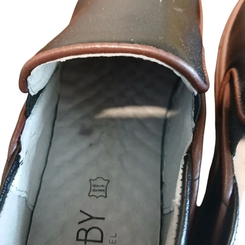 Ruby Label Size 6 Boys EU 38 Black Leather Brown Trim Loafer Slip-On Shoes Dress